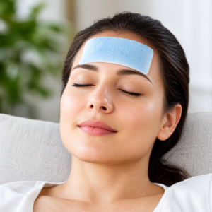 An adult wearing a refreshing forehead cooling patch for localized temperature relief during a warm day
