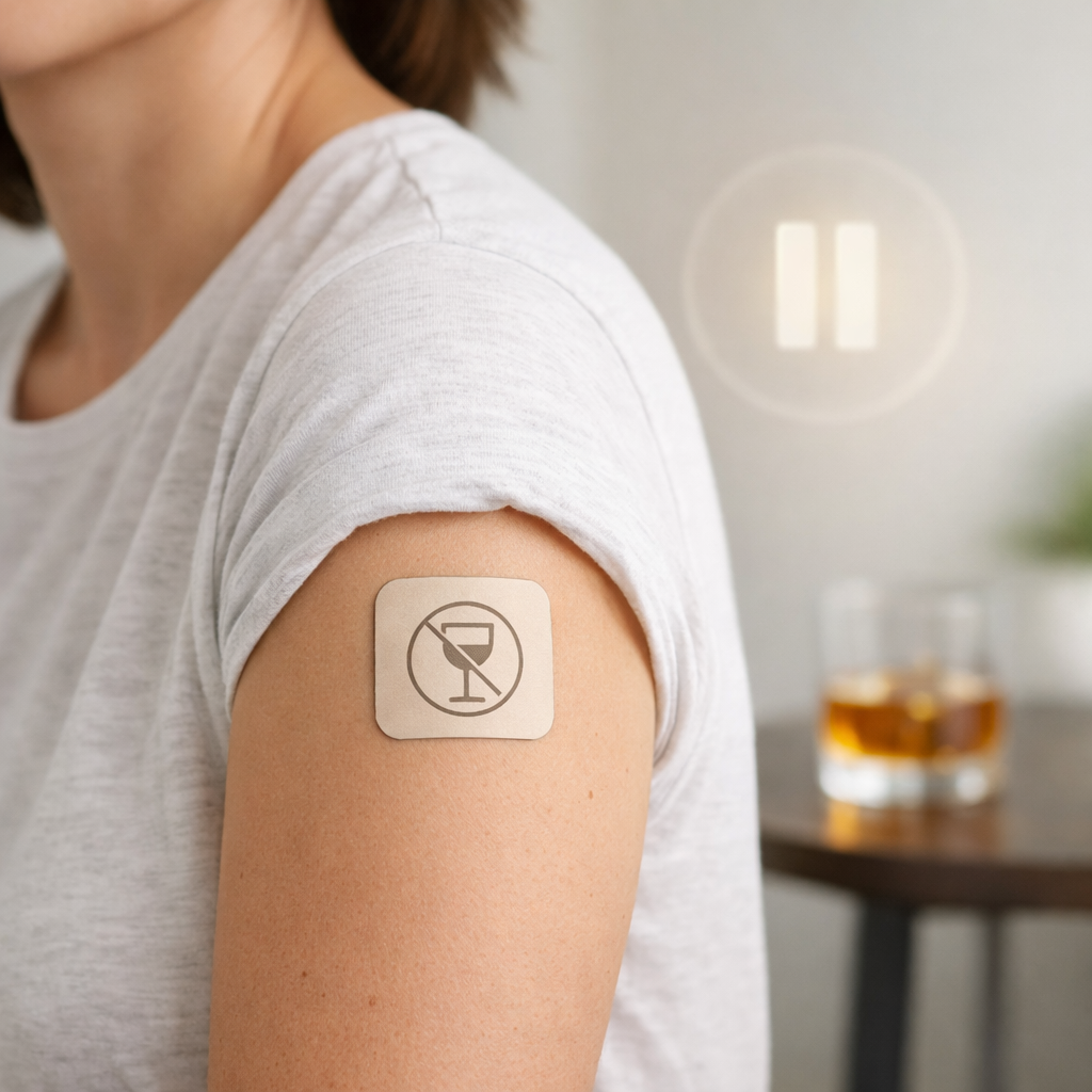 Patch to help stop drinking alcohol applied on upper arm