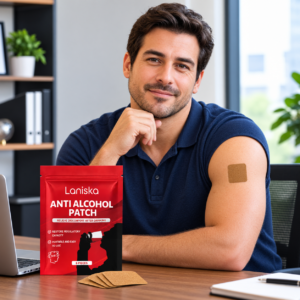 professional man works at his office desk while wearing Laniska anti alcohol patch on his upper arm